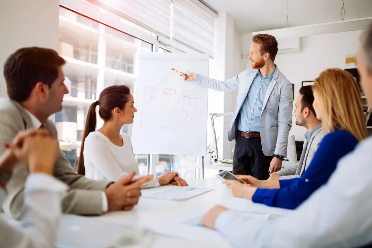 A team meeting with a man presenting at a whiteboard to attentive colleagues.